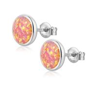 White Gold Plated Red Fire Opal Stud Earrings for Women Sterling Silver Round Shape 6mm Opal Earrings with Push Back
