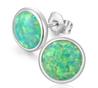 White Gold Plated Silver Green Fire Opal Stud Earrings for Women Sterling Silver Round Shape 6mm Opal Earrings with Push Back