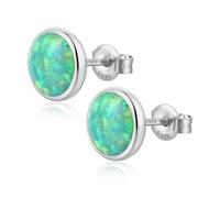White Gold Plated Silver Green Fire Opal Stud Earrings for Women Sterling Silver Round Shape 7mm Opal Earrings with Push Back