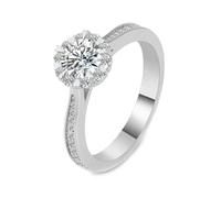 White Gold Ring Thin 9K, Dainty Wedding Band Flower with Round Shape 2ct Moissanite Size M 1/2