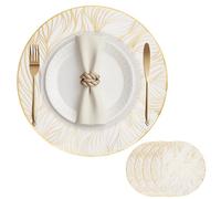White Gold Round Placemats for Dining Table Set of 4 Laminated Leaf Non-Slip Heat Insulation Place Mats Pressed Vinyl Table Mats For Holiday Party Wedding Accent Centerpiece