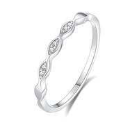 White Gold Wedding Band for Women, Promise Ring Wave Design with Round Diamond Platinum 950 Band Ring Size I 1/2