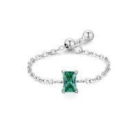 White Gold Wedding Band Hers 18K, Promise Ring to Myself Adjustable Chain Design with Solitaire Rectangular Lab Emerald 0.4ct Size U 1/2