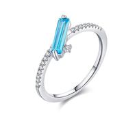 White Gold Wedding Bands for Her 9K, Rings Vintage Elegant with Blue Rectangle Shape Topaz Size T 1/2