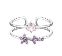 White Gold Wedding Bands for Women 9K, Amethyst Ring Women Flower Open Ring Adjustable with Pink Round Shape Amethyst Size Q 1/2