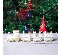 White & Gold Wooden Train Set Christmas Decoration with 3 Detachable Carriages & Snowman Figurines - Traditional Festive Xmas Ornament for Tabletop, Windowsill, Fireplace - H5.5 x W20 x D2.8cm