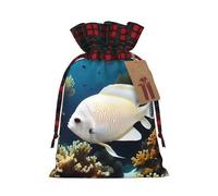 White-golden fish Print Christmas Drawstring Gift Bag, Linen Storage Sack, for Xmas, Holiday Party S Size