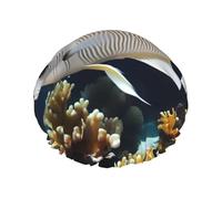 White-golden fish Printed shower cap, reusable, double-layered design, suitable for women to wrap their hair, wash their face, and apply face masks.