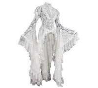 White Gothic Dresses Women Retro Bell Sleeve Hollow Out U Collar Split Joint Bud Silk Dresses Layered Pleated Palace Mini Dresses Long Sleeved Ball Gowns Medieval Cocktail Party Evening Dress S-5XL