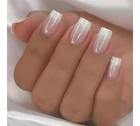 White Gradient Glitter Press on Nails Short Square Fake Nails Nude Glitter False Nails Full Cover Nude Sparkly French Glossy Acrylic Nails for Women and Girls DIY Manicure Decoration 24Pcs