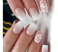 White Gradient Press-On Nails Short Square False Nails with Flower and Leaf Design Glossy Nude Gradient Nail Art Stickers for Women Girls DIY Nail Art Decoration 24 Pieces