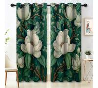 White Green Blackout Curtains Pair | Thermal Insulated Exquisite Magnolia Patterns Symmetry Blackout Eyelet Curtains 46 × 54 Inch | Sound-Reducing Sunlight Blocking Curtain for Bedroom, Living Room