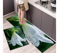 White-green Flower close-up Kitchen Rugs Runner Set of 2 Anti Fatigue Kitchen Floor Mat for Home Decoration Office Lilies after the rain Rug Set Comfort Standing Mats (50x80+50x150cm)