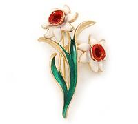 White/Green/Orange Daffodil Floral Brooch In Gold Plating - 55mm L