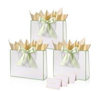 White Green Paper Gift Bags with Handles,3pcs Medium Gift Bags for Presents,Wrapping Gift-Bag with Bow Ribbon Tissue Papers and Cards,28*20*10cm Wrapping Bag for Christmas Birthday Wedding Bridesmaid
