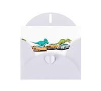 White Greeting Card DLXW Dinosaurs and sports cars Pattern for Christmas, Children's Birthday, Valentine's Day, Wedding Anniversary & Party Invitation