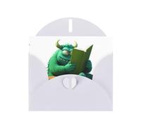 White Greeting Card DLXW Green monster reading a book Pattern for Christmas, Children's Birthday, Valentine's Day, Wedding Anniversary & Party Invitation