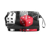 White Grey Red Square Dice Double Layer Cosmetic Bag for Women and Girls, Travel Toiletry Bag Makeup Handy Pouch Organiser Bag with Brush Compartment