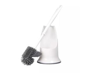 White & Grey Silicone Toilet Brush & Holder - Long Handled Flexible Bristle Lightweight Hygienic Bathroom Loo Cleaner Tool with Rounded Main Head for Bowl & Angled Head for Under Rim