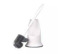 White & Grey Silicone Toilet Brush & Holder - Long Handled Flexible Bristle Loo Cleaner Tool With Rounded & Angled Head