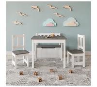 (White/Grey) Wooden Kids Table, 2 Chairs & Toy Storage Bench