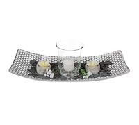 White/grey wooden plate, ca. 38 x 16 cm, windlight ca. 11 x 9 cm with candle, 2 flower tealights, decostones, deco sand & 2 white deco flowers, in giftbox