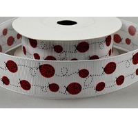White Grosgrain Ribbon with Ladybird Print 22mm x 1m Cut from roll