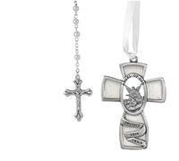 White Guardian Angel Crib Medal & Rosary Set Baby Infant Girls Boys Childrens Christening Baptism.