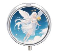 White Hair Angel Pill Case with Retro Mirror 3 Compartments Pill Organizer Small Round Metal Pill Organizer for Fish Oil Pills or Vitamins Supplements for