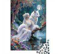 White Haired Fairy White Wolf 1000 Pieces Puzzle Game Jigsaw Puzzle for Adults Enchanted Forest Home Relaxation Gift 38x26cm/1000pcs