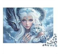 White Haired Fantasy Goddess 1000 Piece Jigsaw Puzzle Paper for Adults Magic Snow Leopard and Dragon Fantasy Art Relaxing Stress Relief Home Decoration Gift 52x38cm/1000pcs