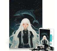 White-Haired Girl with Dolphin Constellation Jigsaw 1000 Pieces Memory Skill Fun Smooth Edge Perfect Interlock Fun-filled Way to Fill Empty Hours (38x52cm)