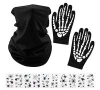 White Halloween Skeleton Gloves and Black Half Face Mask, Ghost Gloves Seamless Tube Mask with Spider Temporary Tattoo Balaclava Face Neck Gaiter for Men Women Adult Halloween Costume Party