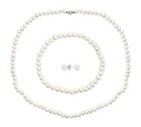 White Hand Knotted Freshwater Cultured Pearl Strand Necklace 18" Stretch Bracelet Ball Earrings 6MM 3PCS Jewelry Set For Women