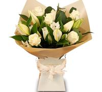 White Harmony - Hand-Tied White Rose and Lily Bouquet - Luxury Fresh Flowers with Free UK Next Day Delivery - Ideal for Birthdays, Anniversaries, Get Well, and Thank You Gifts