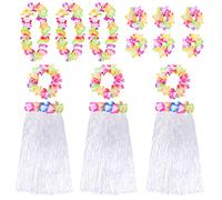 White Hawaiian Hula Skirt and Multicoloured Lei Set X3 - Flower Necklace, Headband and Bracelet - 80cm Grass Hula - Luau - Fancy Dress Costume Accessory