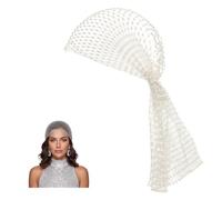 White Headband for Women-Rhinestone Fishnet Headwrap Hollow Mesh Scarf