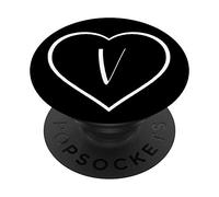 White Heart Letter V Initial Monogram, Black, Minimal, Cute PopSockets Grip and Stand for Phones and Tablets