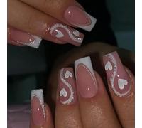White Heart Press on Nails Medium Square Fake Nails Glossy Nude Valentine’s Day Glue on Nails Square Acrylic False Nails with Glitter Stripes Designs French Stick on Nails for Women Nail Art 24PCS