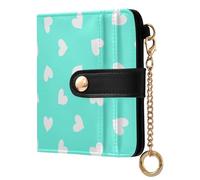 White Heart Symbol Turquoise Pattern Small Women Wallet Leather RFID Blocking Bifold Compact Card Holder with Zipper Coin Pocket Purse for Women Ladies Girls