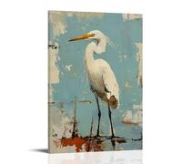 White Heron Egret Wall Art Hanging Paintings Poster Abstract Coastal Beach Bird Canvas Painting Vintage Prints Modern Decor for Bathroom Living Room Home Office 24x36inch(60x90cm)