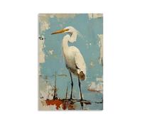 White Heron Egret Wall Art Hanging Paintings Poster Abstract Coastal Beach Bird Canvas Painting Vintage Prints Modern Decor for Bathroom Living Room Home Office 16x24inch(40x60cm)