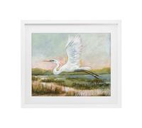 White Heron Flying Nature Landscape, 17 x 21 Inch Framed Print Under Glass