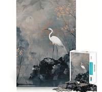 White Heron in Misty Landscape Jigsaw Puzzles 1000 Mental Focus Game No Gap Tight Fitting Design Interactive Brain Challenge for Home (50x75cm)