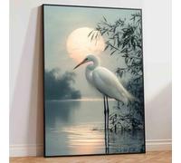 White Heron Wall Art Watercolor Heron Print Vintage Crane Bird Pictures Japanese Crane Painting Watercolor Bird Artwork Sunset Abstract Wall Art Coastal Living Room Decor 16x24inch No Frame
