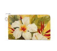 White Hibiscus Flower Coin Purse Canvas Wallet with Zipper Portable Mini Change Pouch Cute Money Pouch Small Organizer Coin Card Key Holder for Women Girls Daily Use Gift