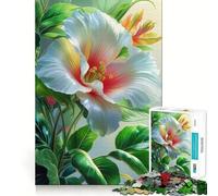 White Hibiscus Flower with Green Leaves Jigsaw 1000 Piece Mind Skill Play Stable Fit No Shifting Parts Enjoyable Pastime for Long Weekends (50x75cm)