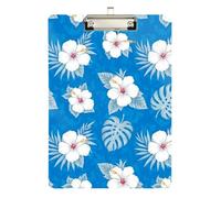 White Hibiscus Flowers Blue Acrylic Clipboards Writing Clipboard A4 Standard Size Clip Board with Low Profile Metal Clip for Students, Women, Man