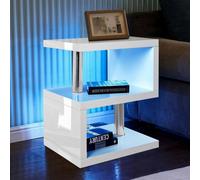 White High Gloss Coffee Table Side Table With Led Rgb Lights 2 Tier Storage Shelves S Shape Rectangular Table 44L X 38W X 57H Cm
