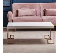 White High Gloss Wood Top Coffee Table with Rose Gold Angled Stainless Steel Leg